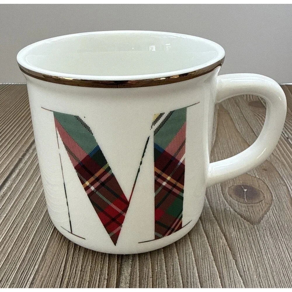 POTTERY BARN STEWART PLAID ALPHABET STONEWARE MUG M